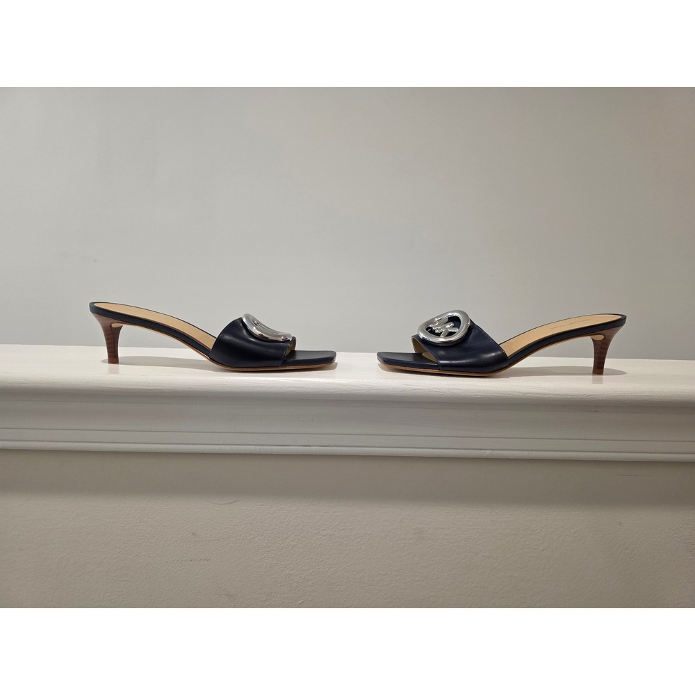Women's sz 6 B Michael Kors Milan Mule Sandal Blue Leather MK Logo Kitten Heel - Picture 8 of 9